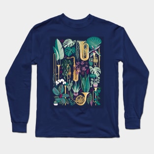 Music to my eyes - oxford navy blue background gold textured musical instruments green indoor plants pink music notes Long Sleeve T-Shirt